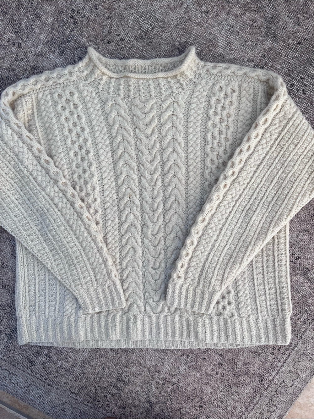 Men's Hand Knit Vintage Rolled Collar Cable Knit Crewneck Sweater Cream L